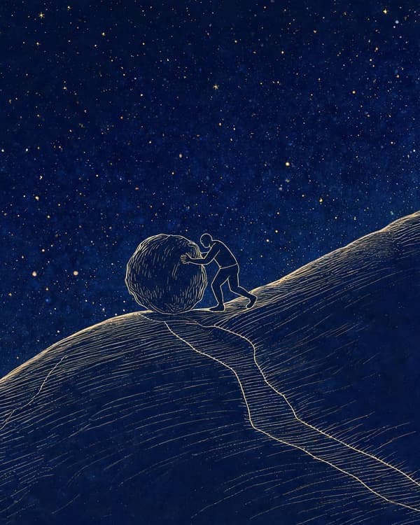 Symbolic archive illustration of a lone figure pushing a boulder up an endless hill beneath a vast starry void