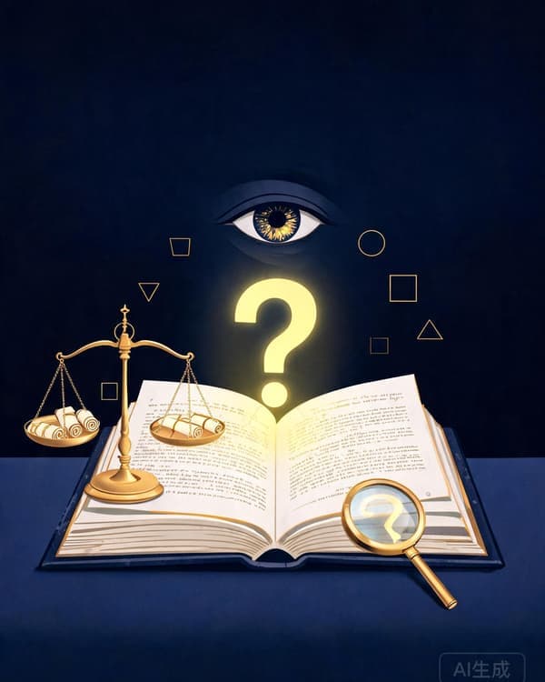 Symbolic illustration of an eye examining a question mark above an open book, with a balance scale weighing evidence, rendered in deep indigo and gold tones