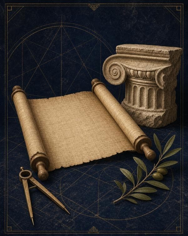 Symbolic archive illustration of a papyrus scroll, compass, column fragment, and olive branch