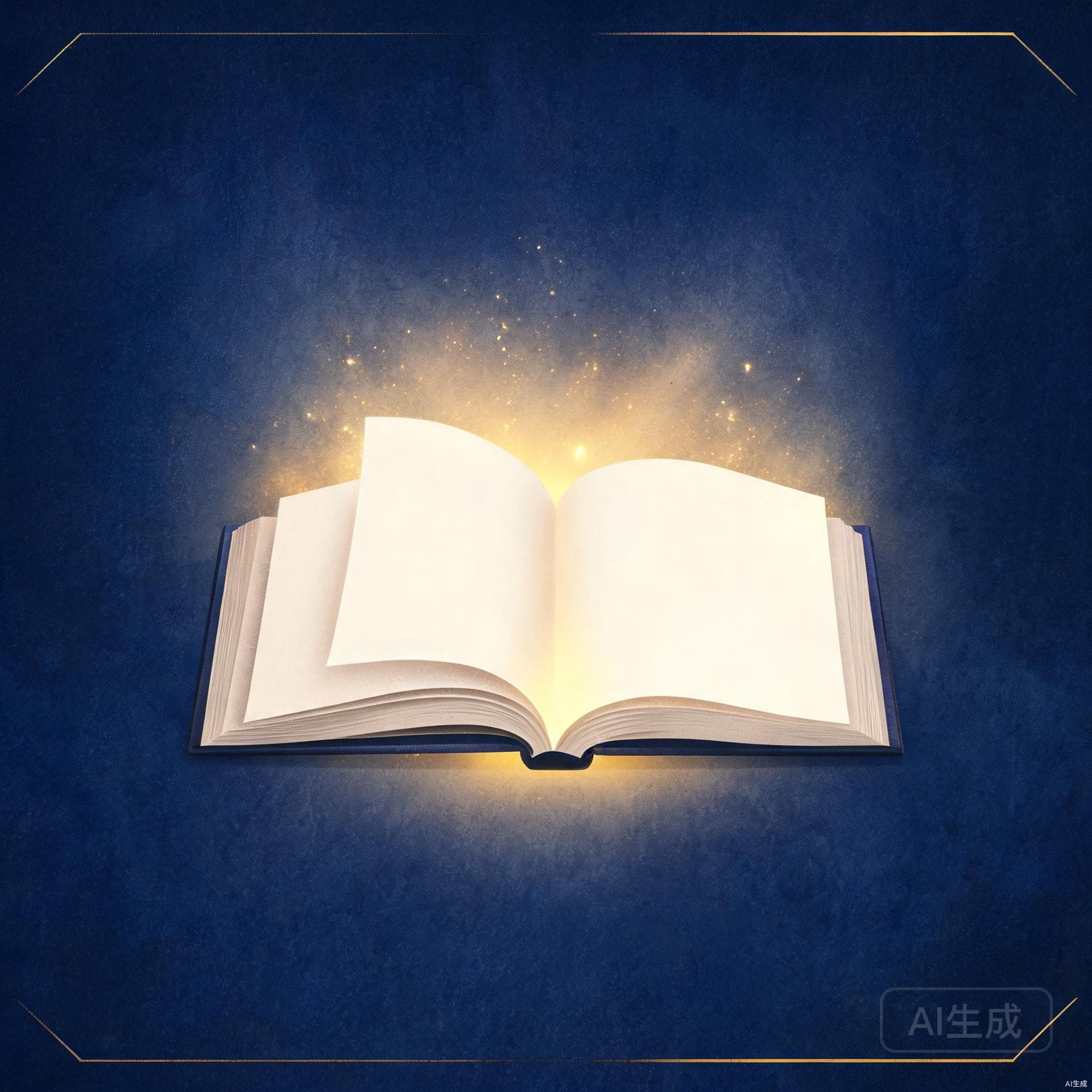 Symbolic illustration of an open book with light emanating, deep indigo and gold