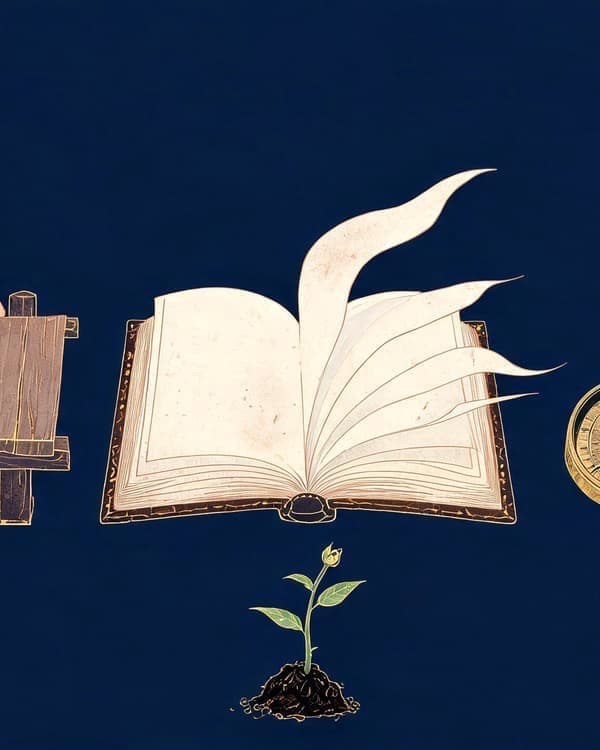 Symbolic archive illustration of a hand testing a bridge plank, an open book, a compass, and a growing plant for pragmatism