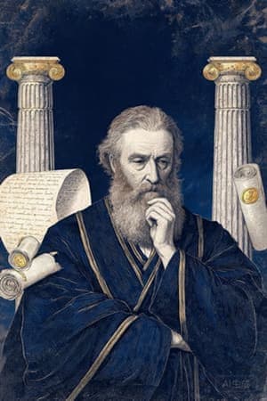Interpretive archival illustration of Alasdair MacIntyre with classical columns and a book of virtues