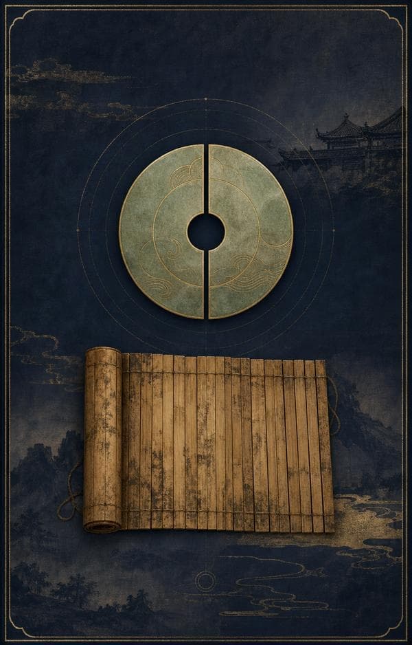 Symbolic archive illustration of bamboo manuscripts and a jade disc for Chinese philosophy