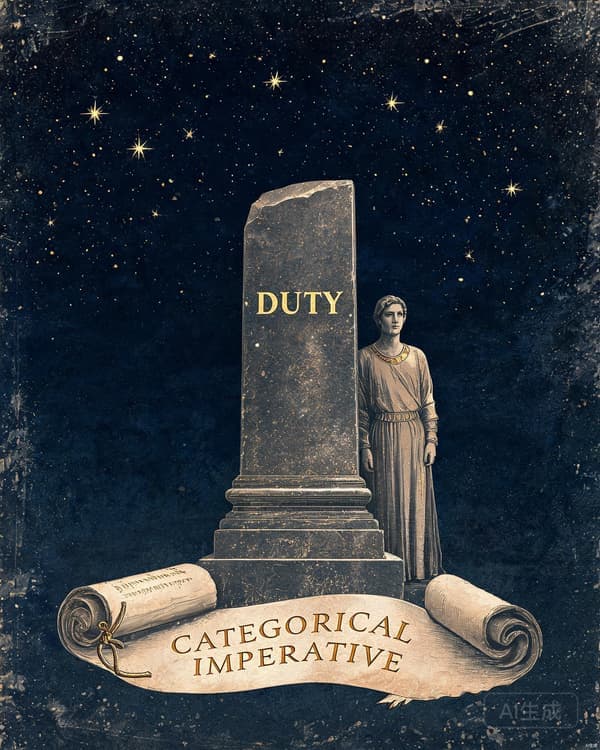 Symbolic illustration of a duty balance beneath a starry heavens arch and a tablet of moral law, rendered in deep indigo and gold tones