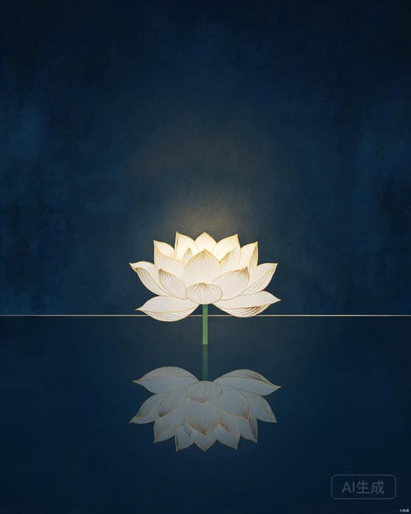 Symbolic archive illustration of a still pool of water reflecting a single lotus, indigo background with antique gold accents