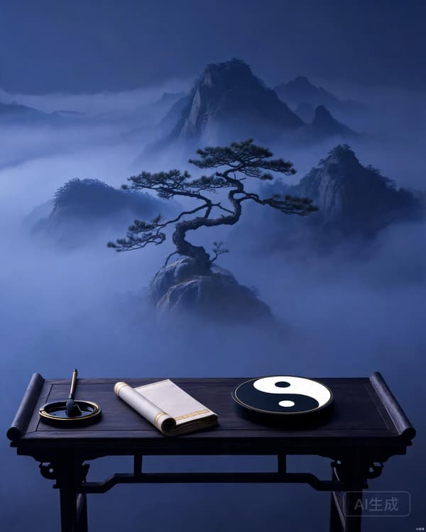 Symbolic archive illustration of a scholar's desk with brush, scroll, and a balanced disc among misty mountains