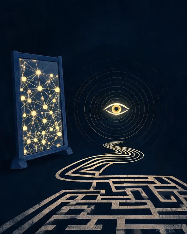Symbolic illustration of a mirror reflecting consciousness, interconnected neural nodes, and a labyrinth path, rendered in deep indigo and gold tones