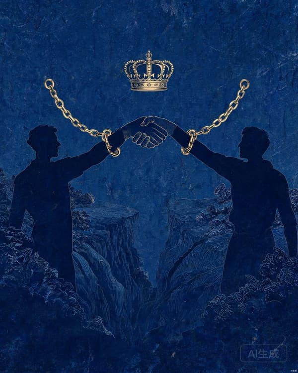 Symbolic archive illustration of clasped hands forming a contract above a divided landscape, with a sovereign crown and chains of mutual obligation in deep indigo and gold