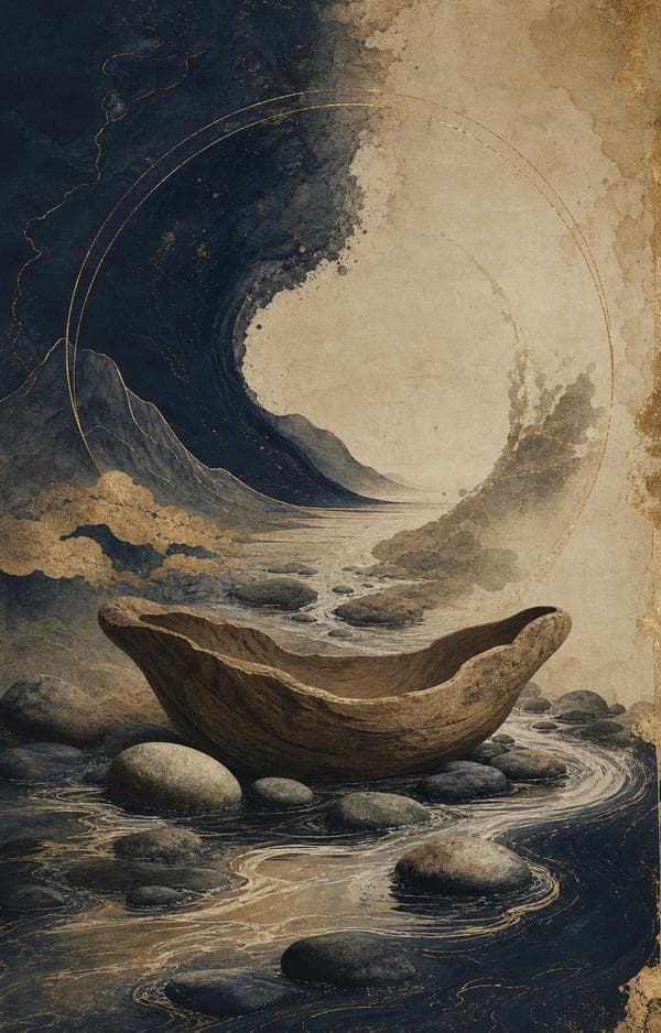 Symbolic archive illustration of a flowing river, smooth stones, and an uncarved wooden vessel