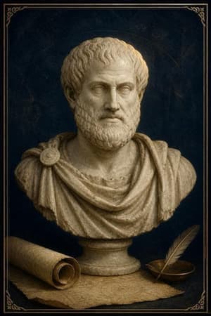 Interpretive archival marble-bust illustration of Aristotle with a scroll and writing tools