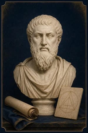 Interpretive archival marble-bust illustration of Plato with a scroll and geometric tablet