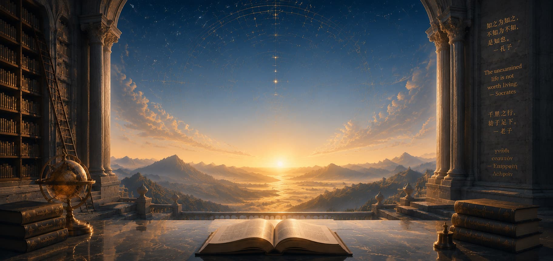 Classical observatory library opening to a mountain vista at dawn