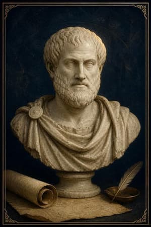Interpretive archival marble-bust illustration of Aristotle with a scroll and writing tools